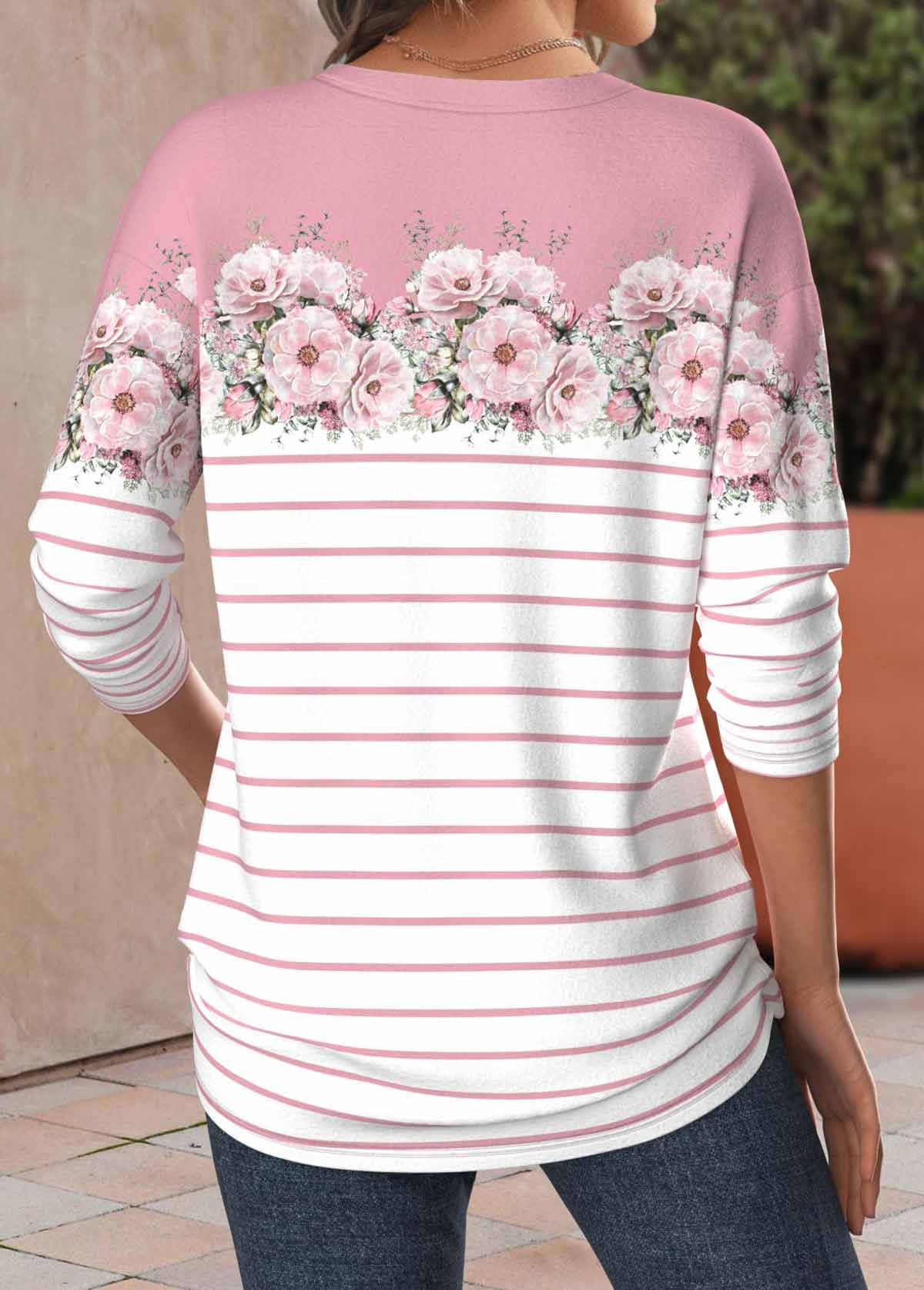 Floral Print Patchwork Pink Long Sleeve T Shirt