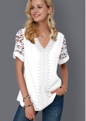 Mesh White Short Sleeve V Neck Blouse