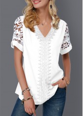 Mesh White Short Sleeve V Neck Blouse