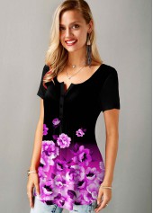 Split Neck Floral Print Short Sleeve T Shirt