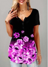 Split Neck Floral Print Short Sleeve T Shirt