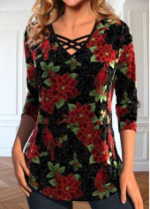 Christmas Print Velvet Black Long Sleeve T Shirt