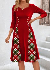Plaid Patchwork Red Long Sleeve Heart Collar Dress