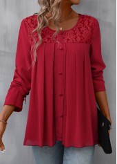 Patchwork Red Long Sleeve Round Neck Blouse