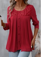 Patchwork Red Long Sleeve Round Neck Blouse