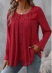 Patchwork Red Long Sleeve Round Neck Blouse