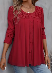 Patchwork Red Long Sleeve Round Neck Blouse