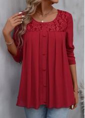 Patchwork Red Long Sleeve Round Neck Blouse