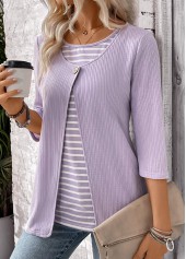 Striped Light Purple 3/4 Sleeve Fake Two Piece Twinset