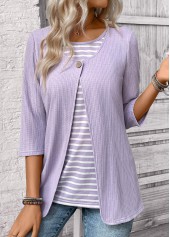 Striped Light Purple 3/4 Sleeve Fake Two Piece Twinset