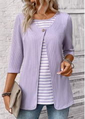 Striped Light Purple 3/4 Sleeve Fake Two Piece Twinset