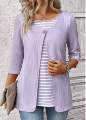 Striped Light Purple 3/4 Sleeve Fake Two Piece Twinset