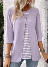 Striped Light Purple 3/4 Sleeve Fake Two Piece Twinset