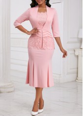 Fake 2in1 Pink 3/4 Sleeve Square Neck Bodycon Dress