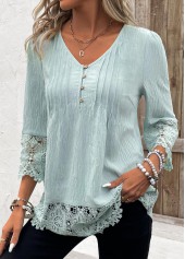Tuck Stitch Light Green 3/4 Sleeve V Neck Blouse