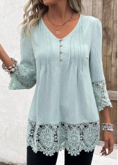 Tuck Stitch Light Green 3/4 Sleeve V Neck Blouse