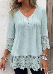Tuck Stitch Light Green 3/4 Sleeve V Neck Blouse