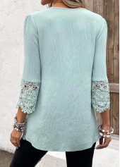 Tuck Stitch Light Green 3/4 Sleeve V Neck Blouse