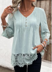 Tuck Stitch Light Green 3/4 Sleeve V Neck Blouse