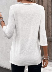 Floral Print Patchwork White 3/4 Sleeve Split Neck Blouse