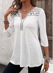 Floral Print Patchwork White 3/4 Sleeve Split Neck Blouse