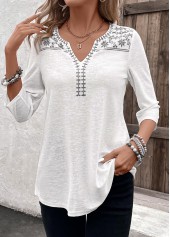 Floral Print Patchwork White 3/4 Sleeve Split Neck Blouse