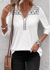 Floral Print Patchwork White 3/4 Sleeve Split Neck Blouse