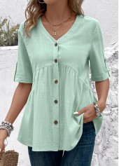 Patchwork Light Green Short Sleeve V Neck Blouse