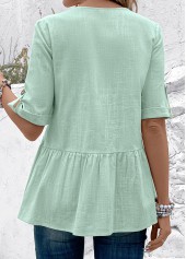 Patchwork Light Green Short Sleeve V Neck Blouse