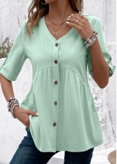 Patchwork Light Green Short Sleeve V Neck Blouse