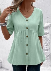 Patchwork Light Green Short Sleeve V Neck Blouse