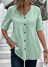 Patchwork Light Green Short Sleeve V Neck Blouse
