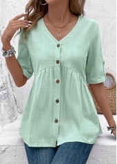 Patchwork Light Green Short Sleeve V Neck Blouse