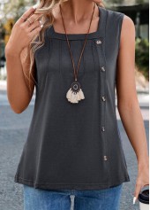 Button Dark Grey Sleeveless Square Neck Tank Top