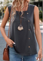 Button Dark Grey Sleeveless Square Neck Tank Top