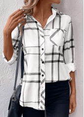 Geometric Print Pocket White Long Sleeve Shirt Collar Blouse