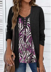 Wave Pattern Print Long Sleeve Fake Two Piece Twinset