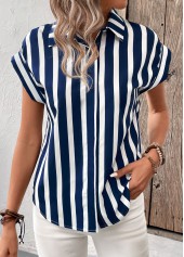 Striped Button Navy Short Sleeve Shirt Collar Blouse