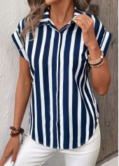 Striped Button Navy Short Sleeve Shirt Collar Blouse