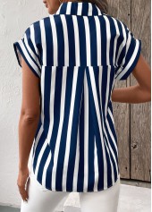 Striped Button Navy Short Sleeve Shirt Collar Blouse