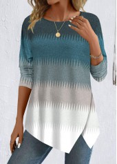 Striped Patchwork Peacock Blue Long Sleeve T Shirt