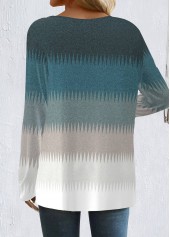 Striped Patchwork Peacock Blue Long Sleeve T Shirt