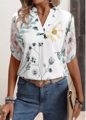 Floral Print White Short Sleeve Split Neck Blouse