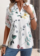 Floral Print White Short Sleeve Split Neck Blouse