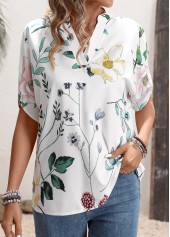 Floral Print White Short Sleeve Split Neck Blouse