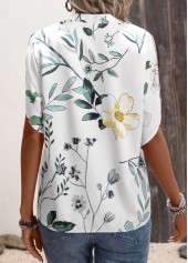 Floral Print White Short Sleeve Split Neck Blouse