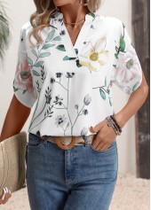 Floral Print White Short Sleeve Split Neck Blouse