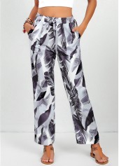 Feathers Print Double Side Pockets White Elastic Waist Pants