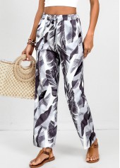 Feathers Print Double Side Pockets White Elastic Waist Pants