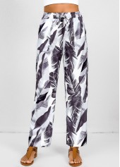 Feathers Print Double Side Pockets White Elastic Waist Pants